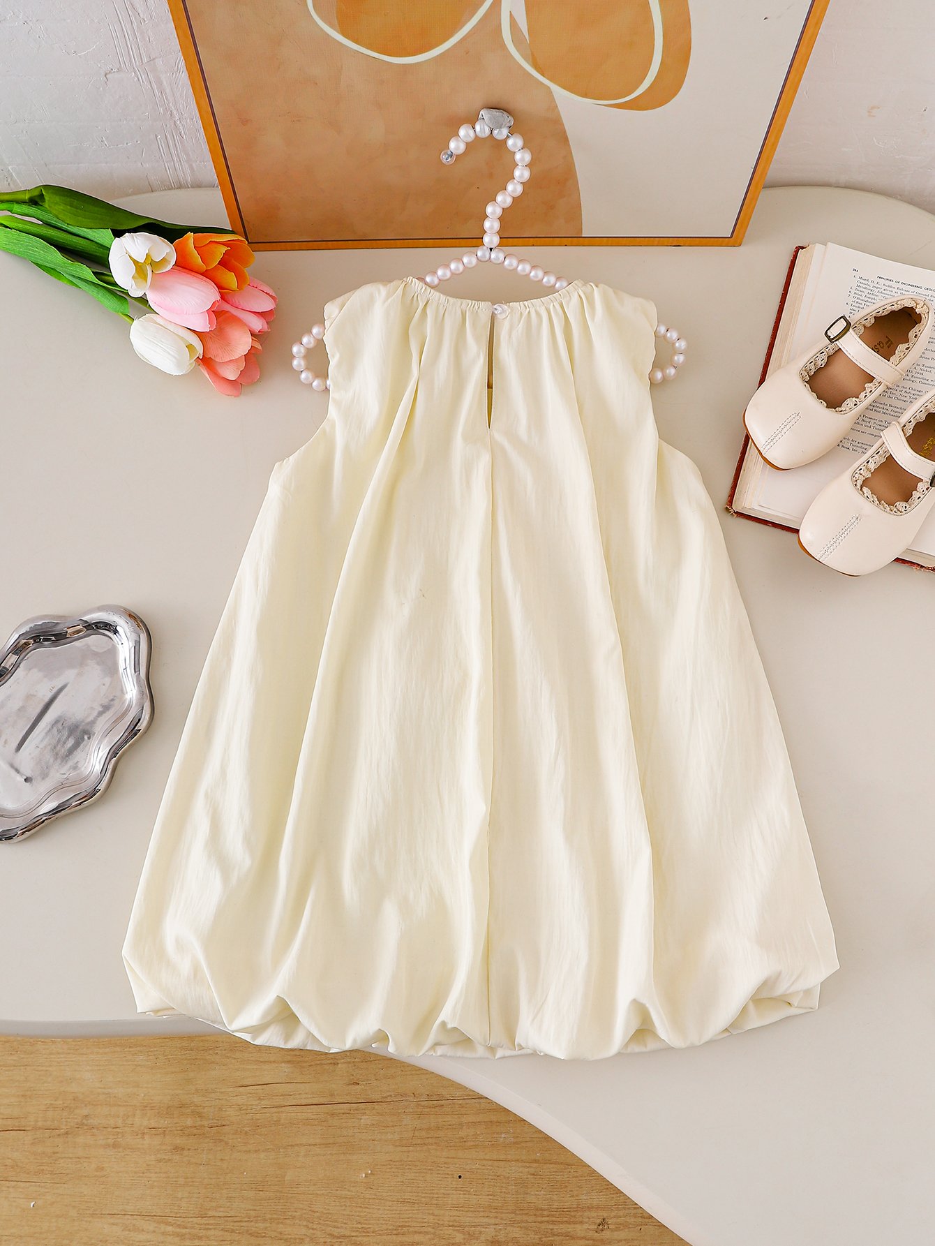 Girls Beige Sleeveless Dress with Bows