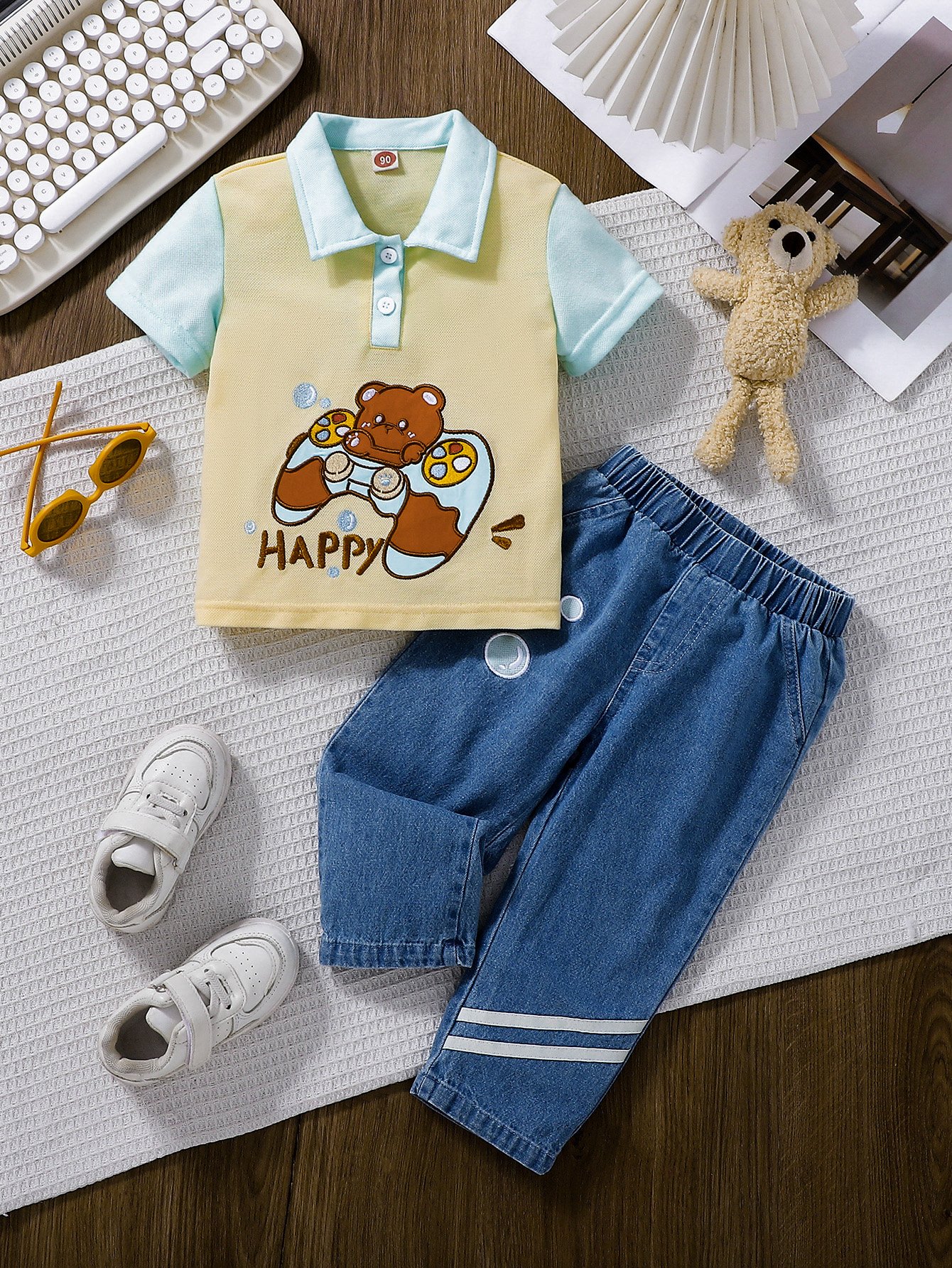 Boys Bear Print Polo T-Shirt and Jeans Set