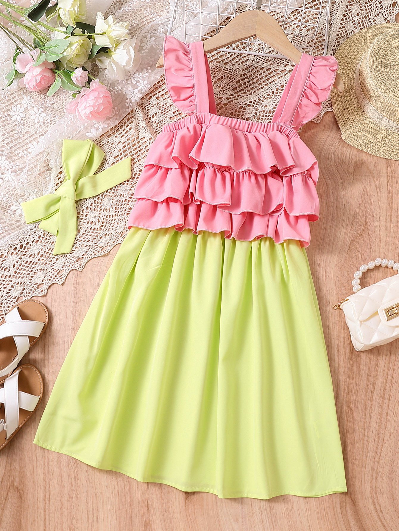 Girls Pink Ruffle Strappy Dress