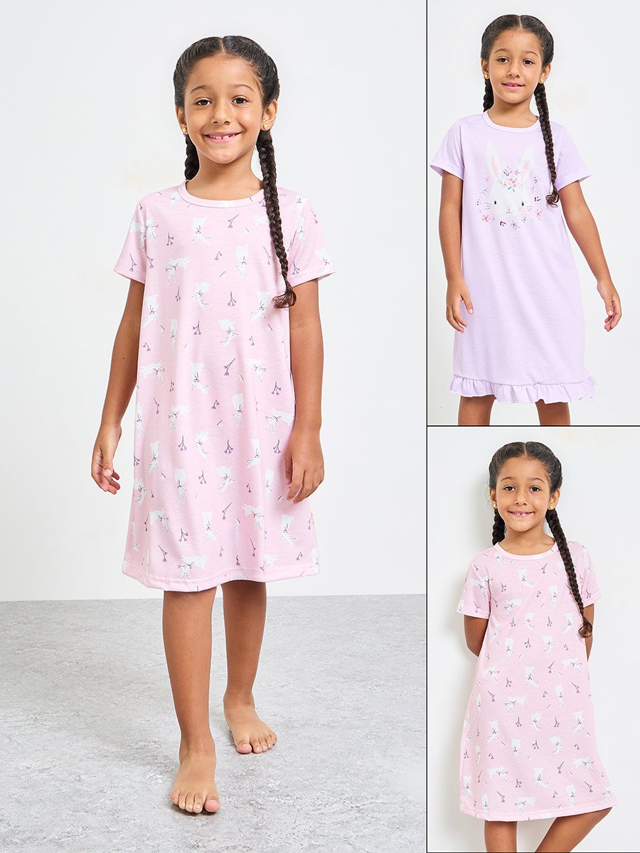 Pack of 2 - Girls Printed Short Sleeve Nightdress