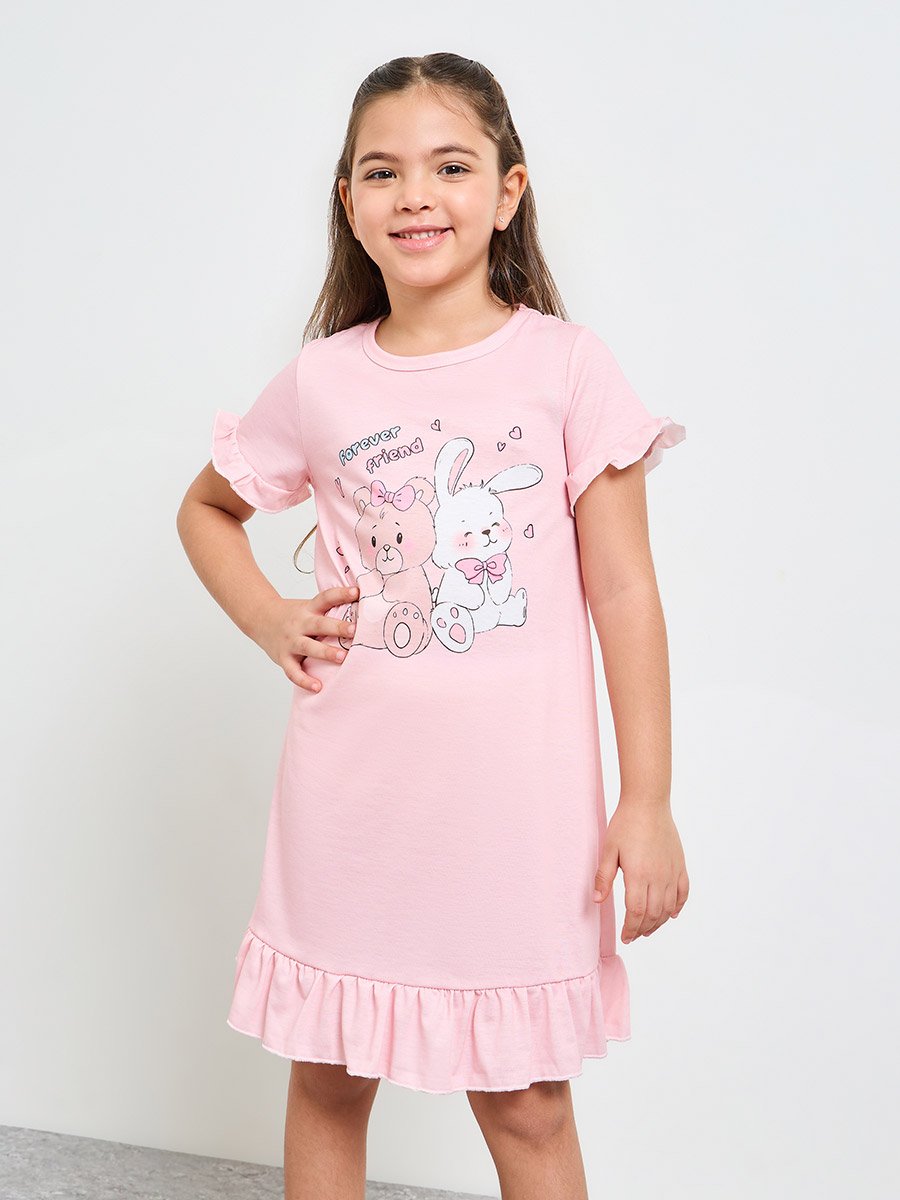 Girls Pink Graphic Print Ruffle Knee-Length Nightdress