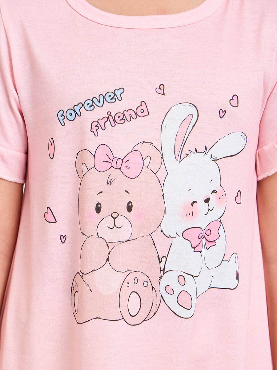 Girls Pink Graphic Print Ruffle Knee-Length Nightdress