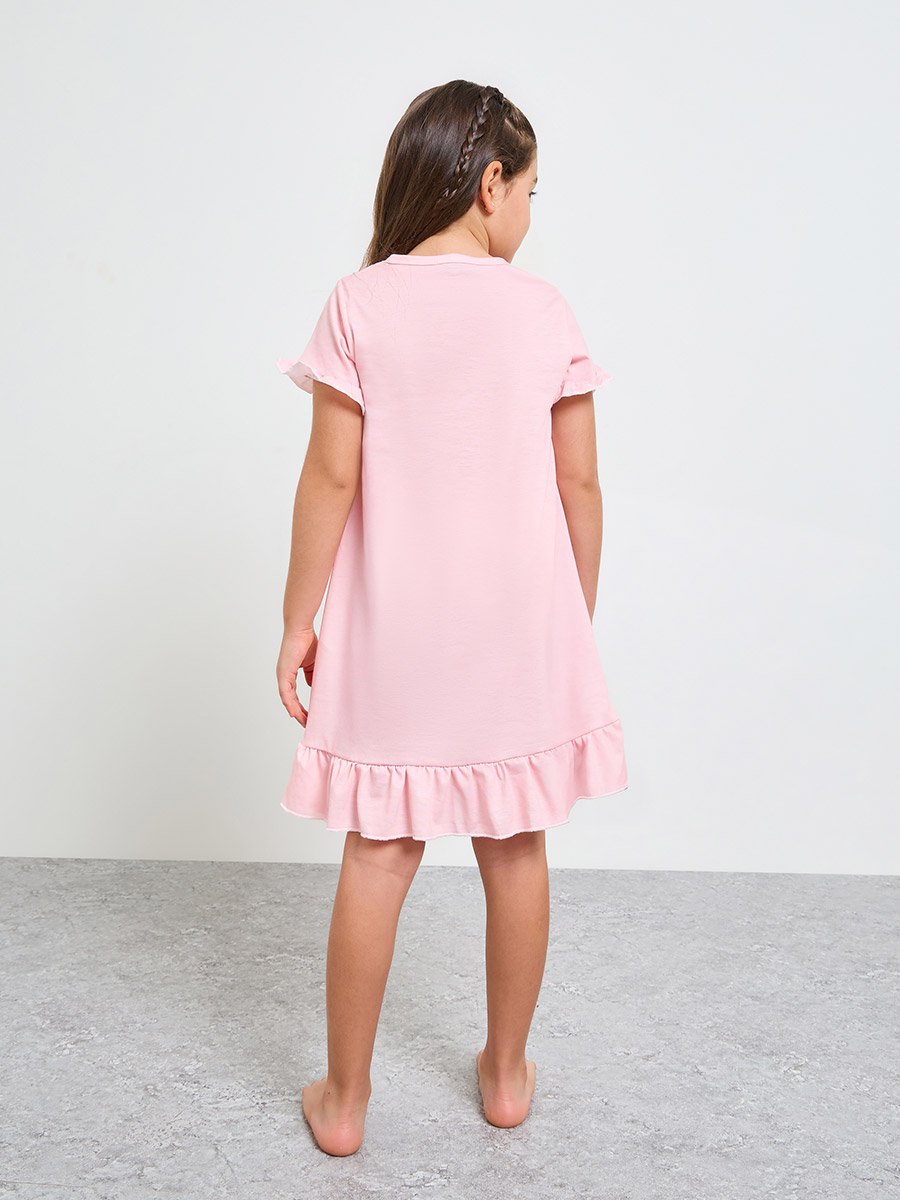 Girls Pink Graphic Print Ruffle Knee-Length Nightdress