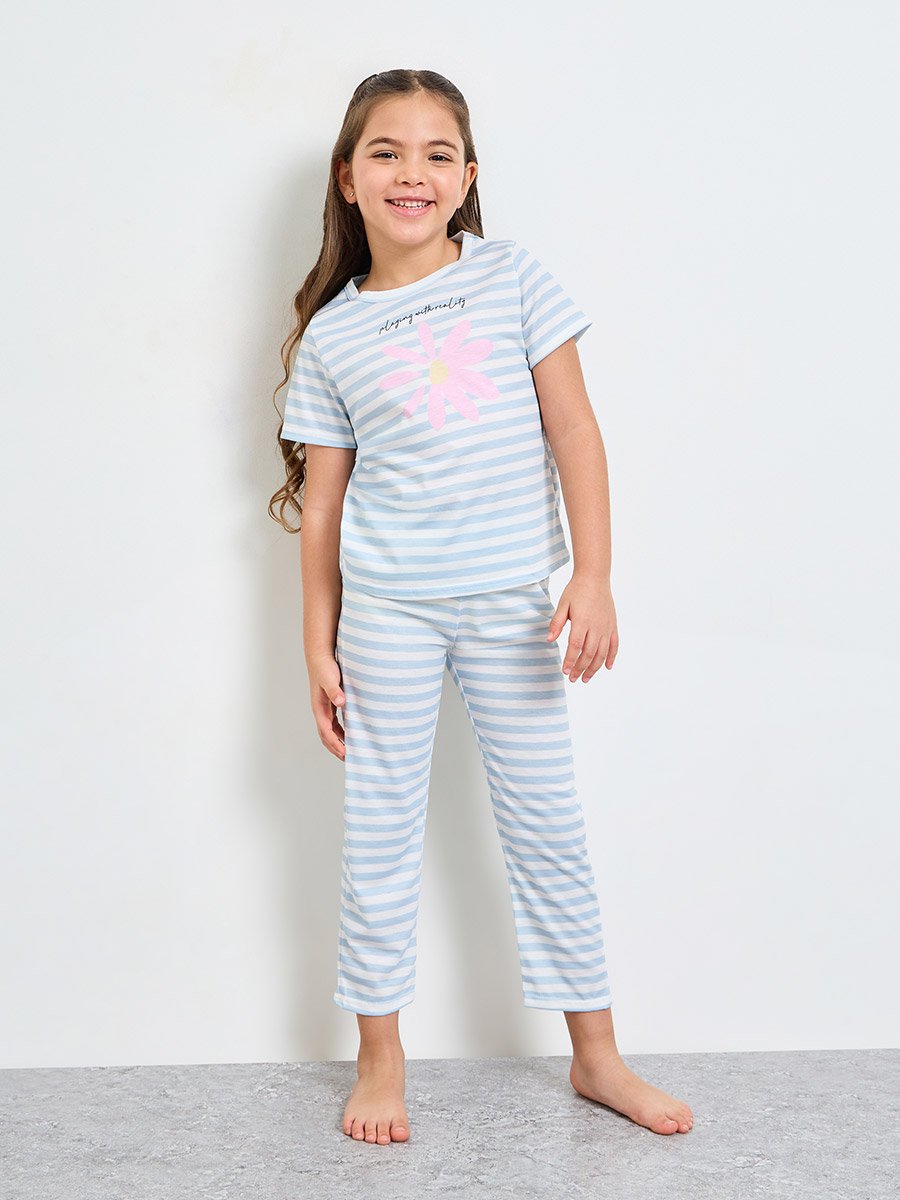 Girls Striped Short Sleeves T-Shirt and Pants Pyjama Set