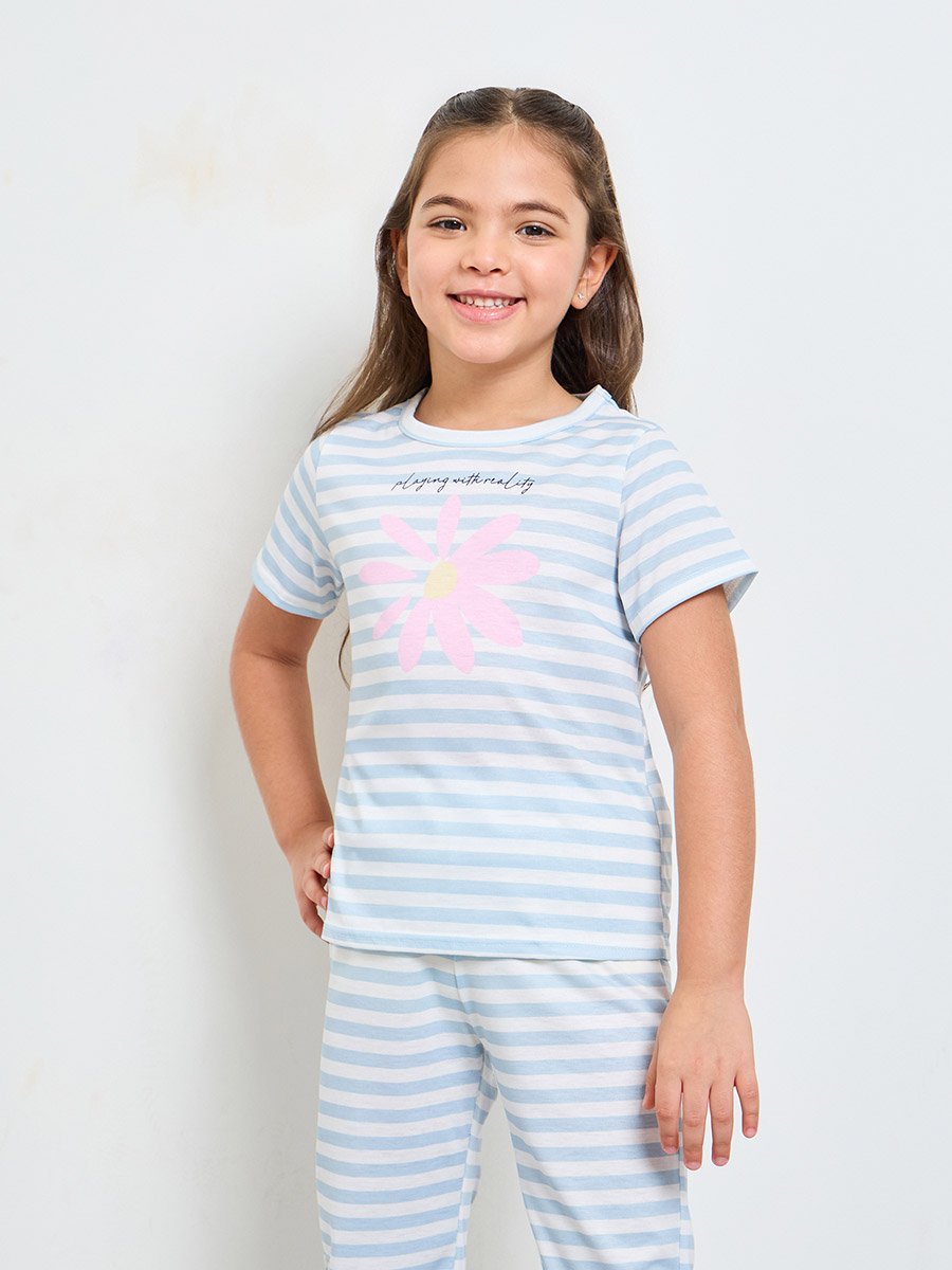 Girls Striped Short Sleeves T-Shirt and Pants Pyjama Set