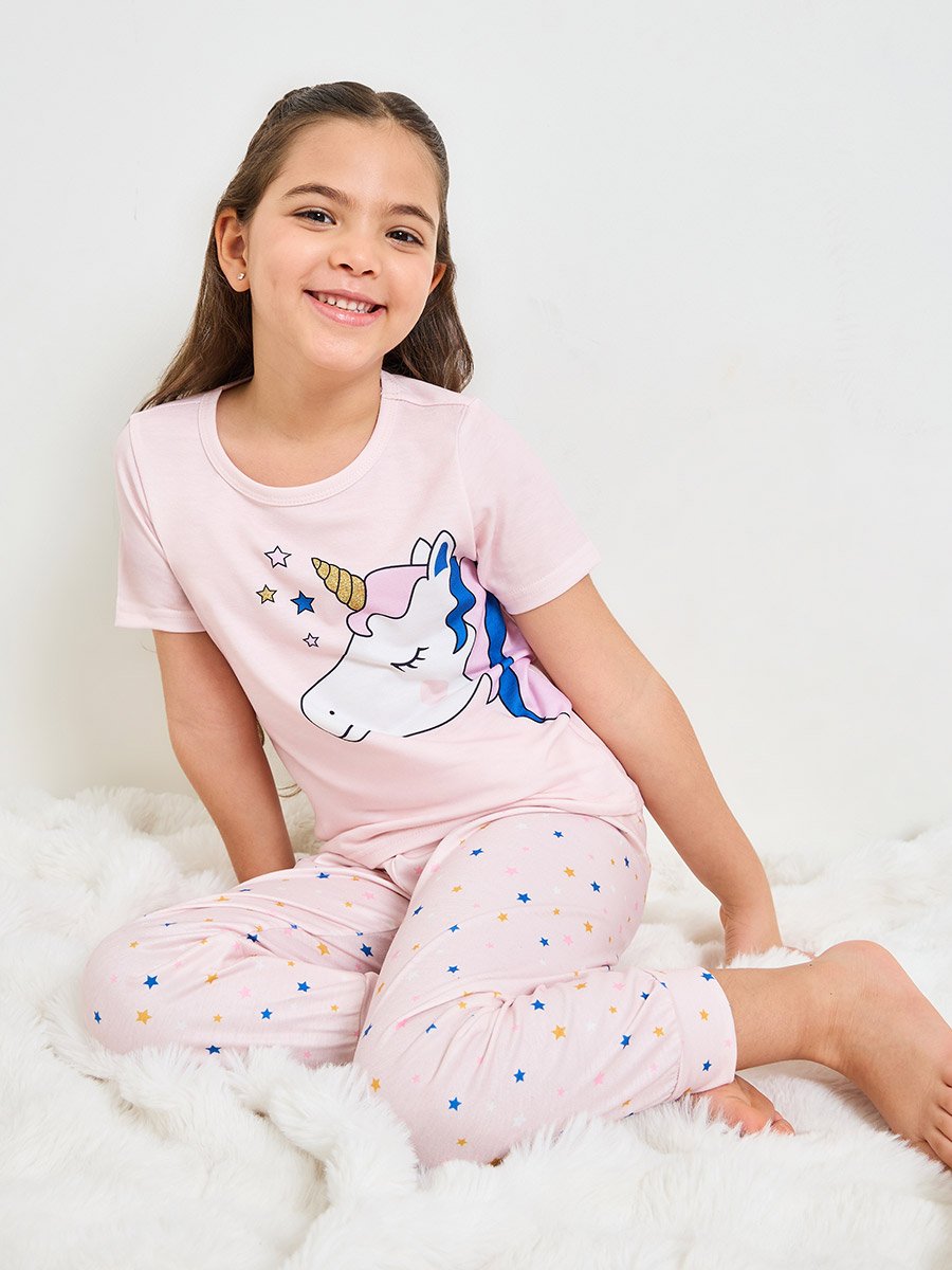 Girls Light Pink Unicorn and Stars Print T-Shirt and Pants Pyjama Set
