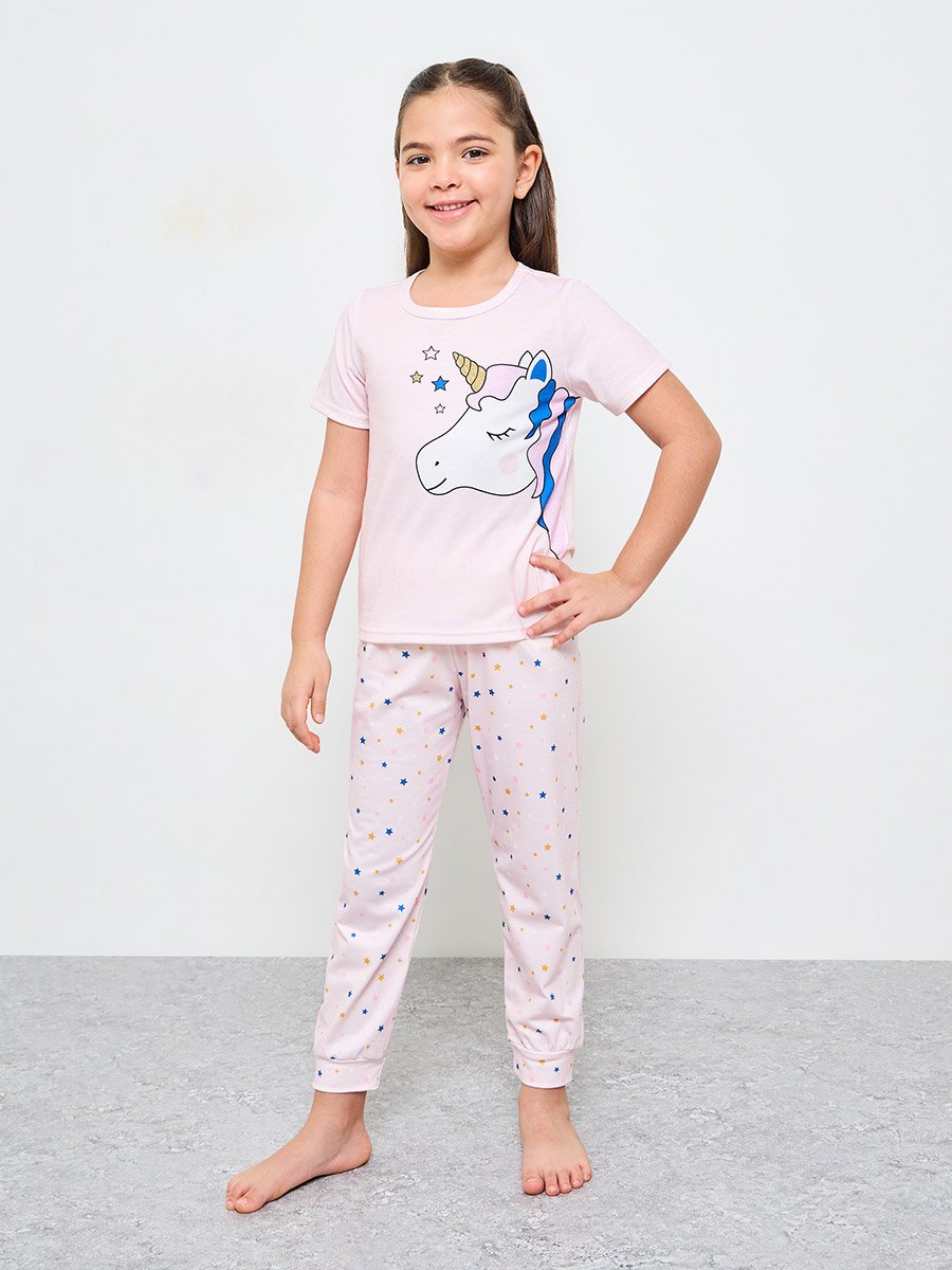 Girls Light Pink Unicorn and Stars Print T-Shirt and Pants Pyjama Set