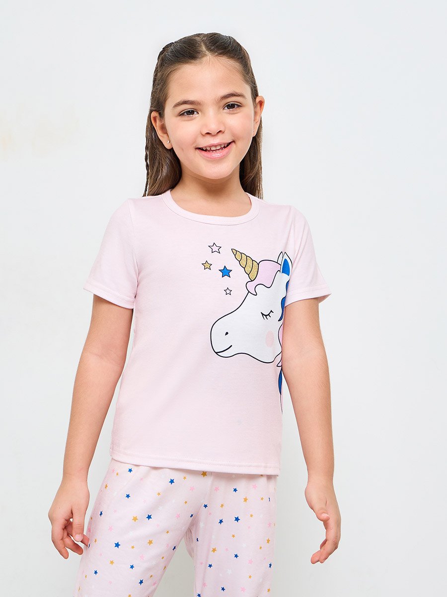 Girls Light Pink Unicorn and Stars Print T-Shirt and Pants Pyjama Set