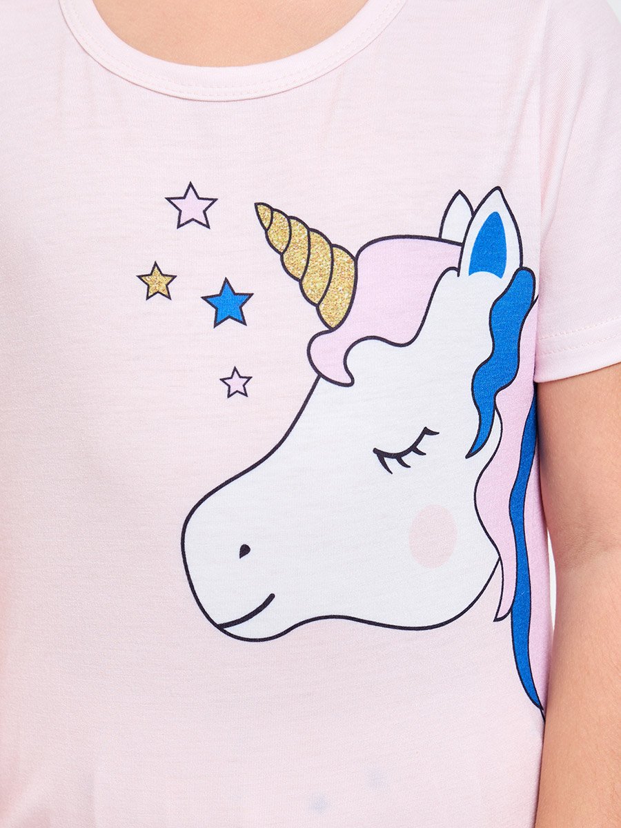 Girls Light Pink Unicorn and Stars Print T-Shirt and Pants Pyjama Set