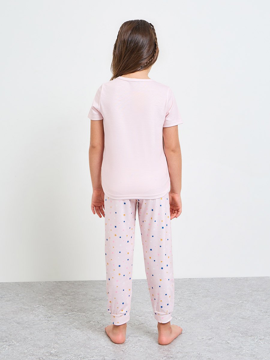 Girls Light Pink Unicorn and Stars Print T-Shirt and Pants Pyjama Set