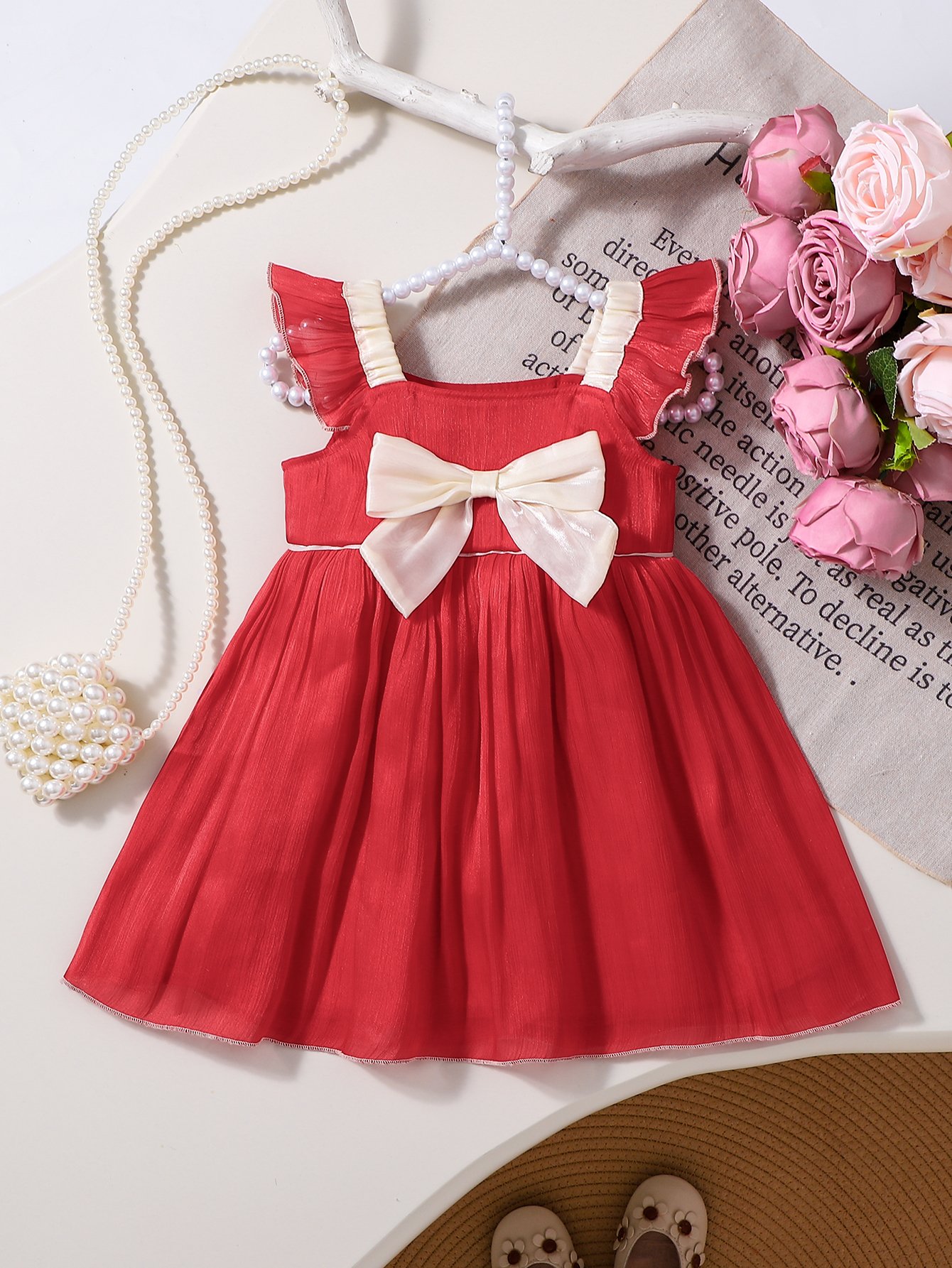 Girls Red Ruffled Detail Dress with Bow