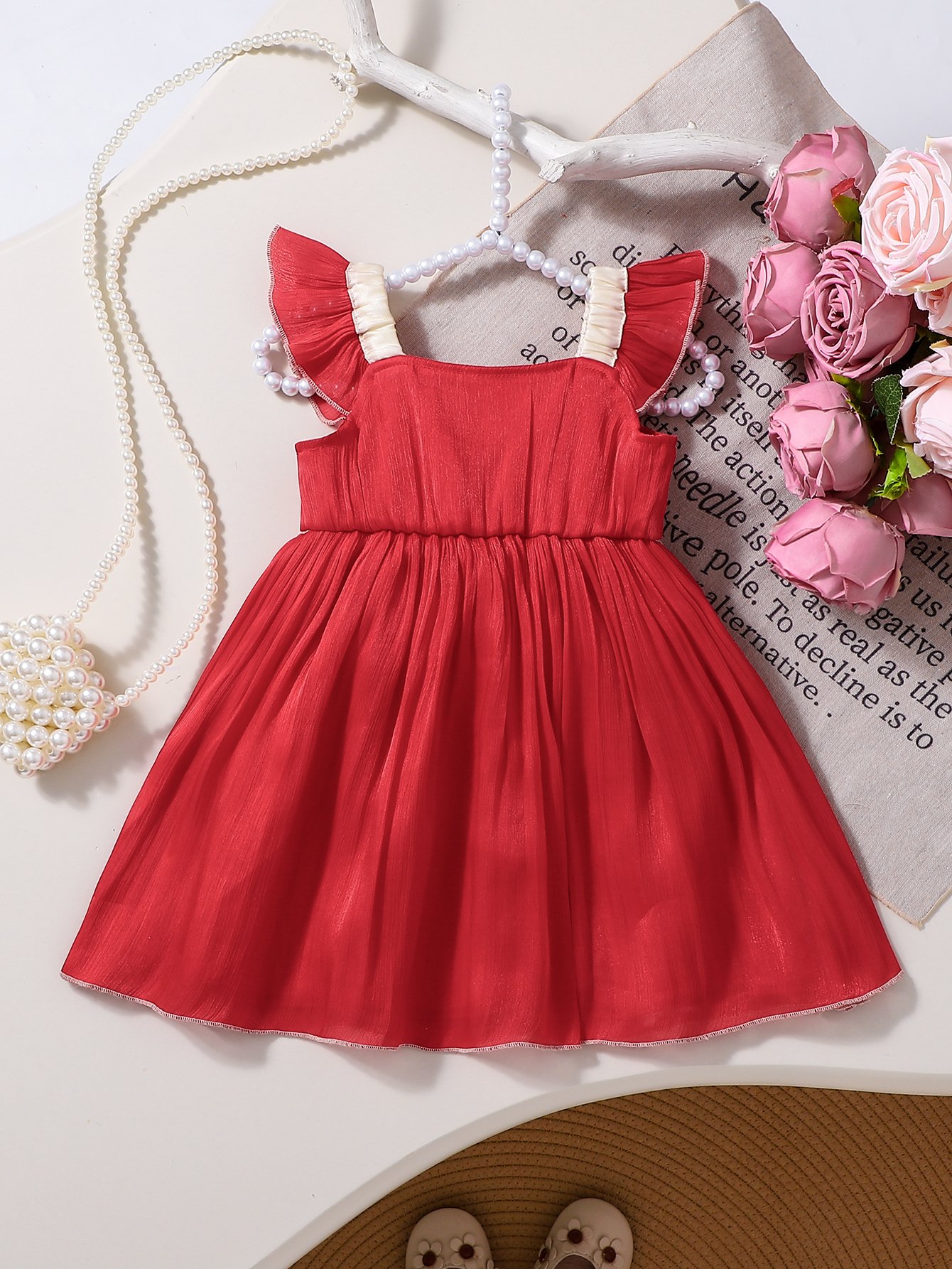 Girls Red Ruffled Detail Dress with Bow