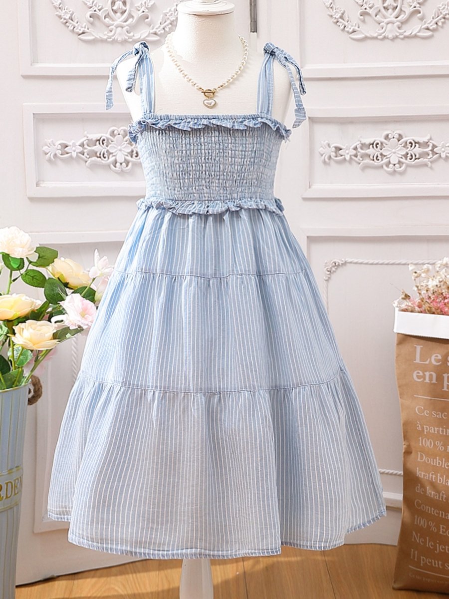 Girls Blue Striped Strappy Tiered Dress