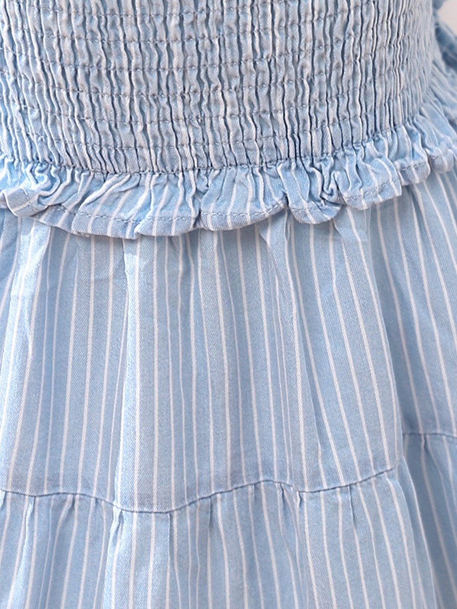 Girls Blue Striped Strappy Tiered Dress
