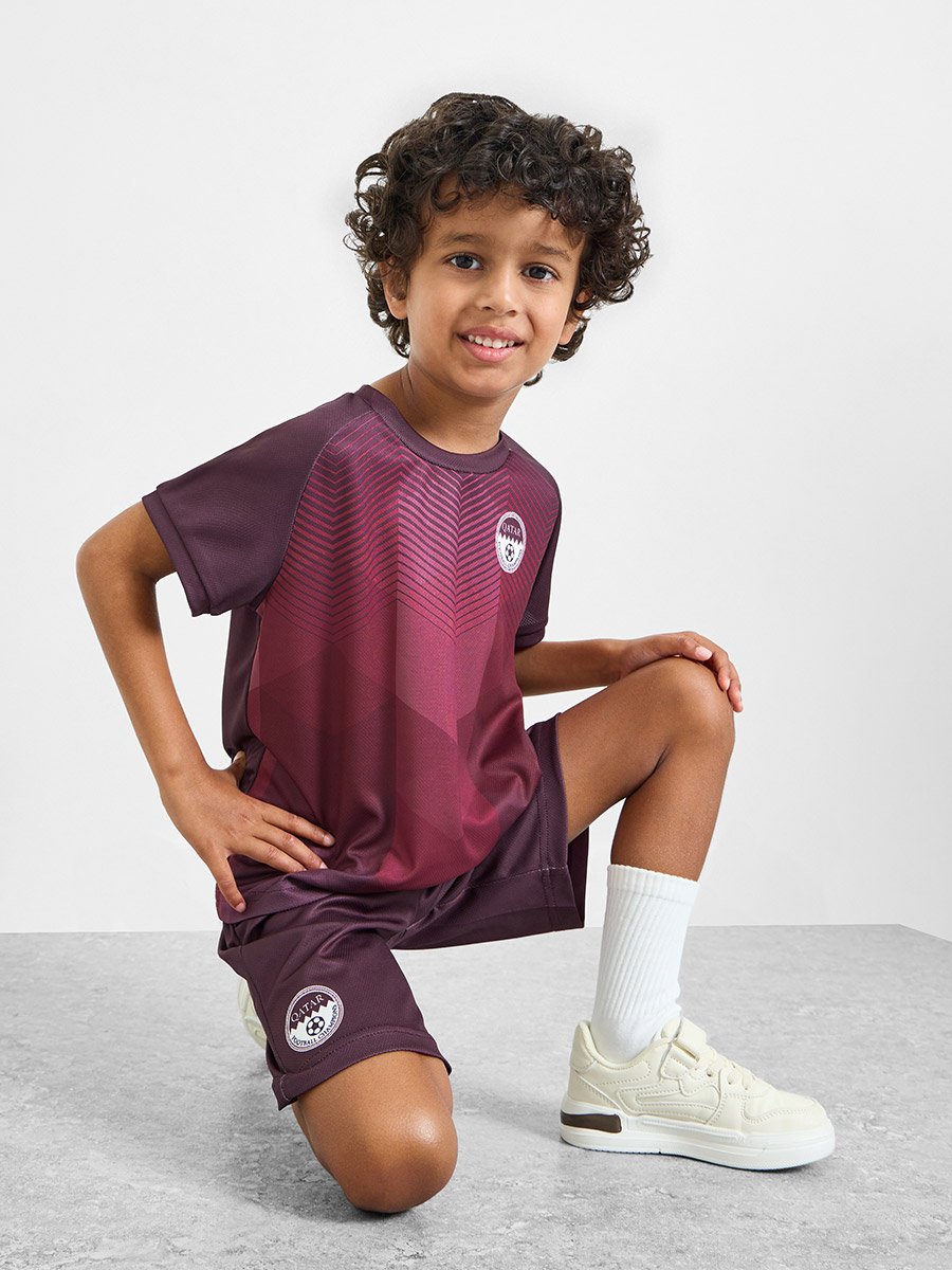 Kids Qatar Print Jersey T-Shirt and Shorts Football Set