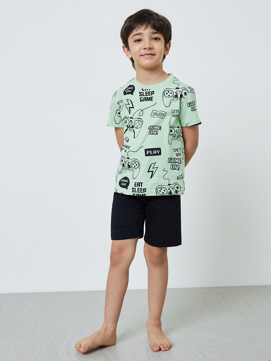 Boys Green Gaming Print Cotton T-Shirt and Shorts Set
