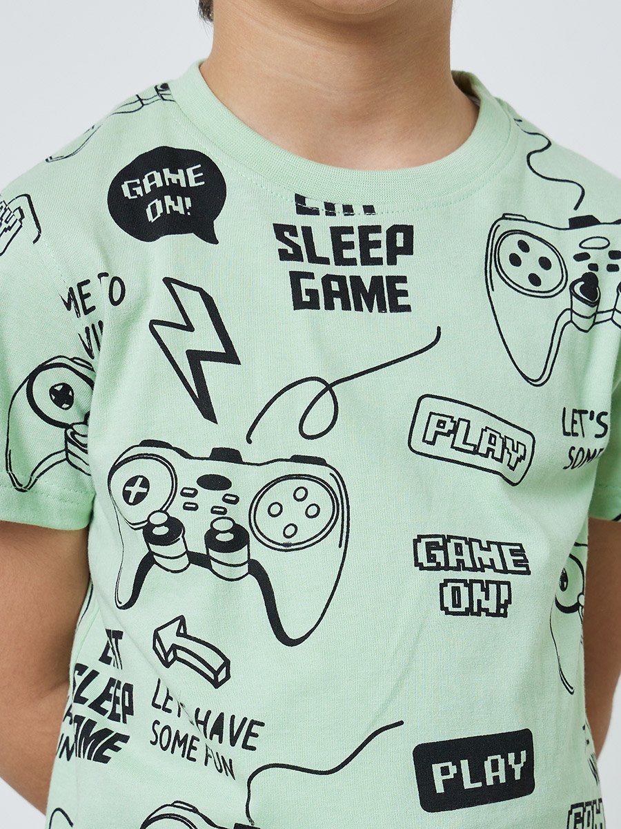 Boys Green Gaming Print Cotton T-Shirt and Shorts Set