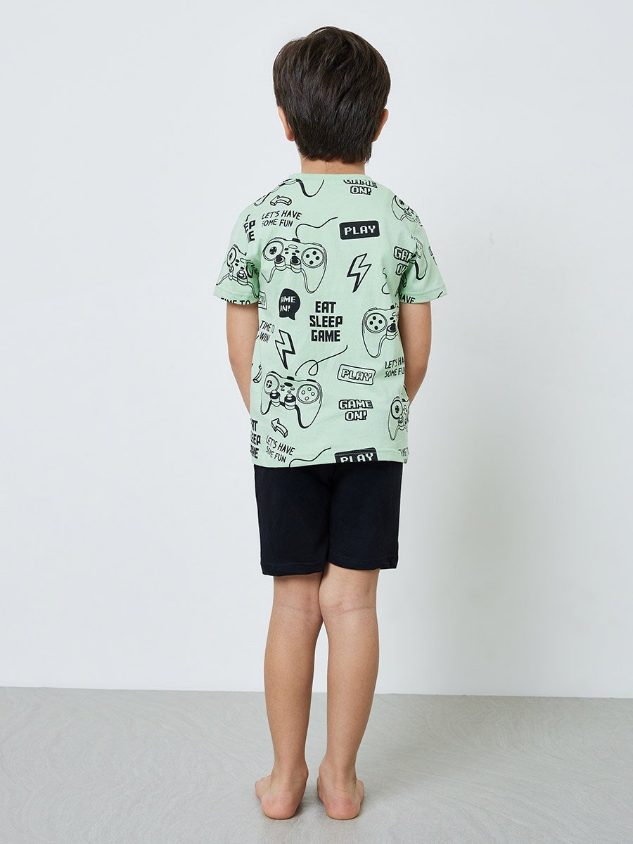 Boys Green Gaming Print Cotton T-Shirt and Shorts Set