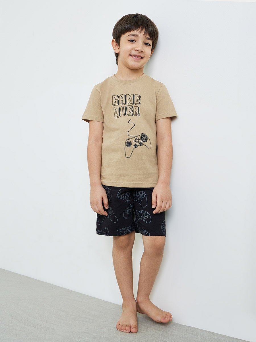 Boys Beige Gaming Graphic T-Shirt and Shorts Set