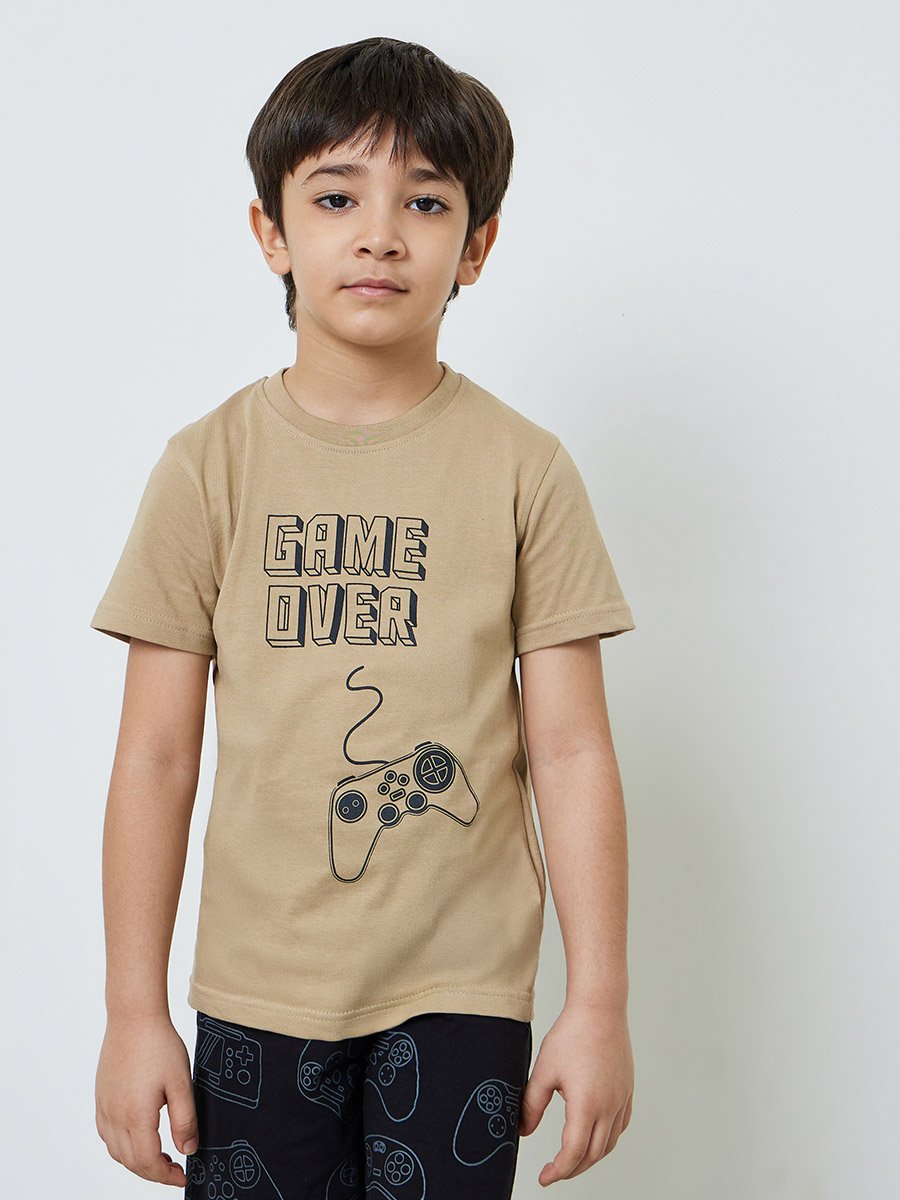 Boys Beige Gaming Graphic T-Shirt and Shorts Set