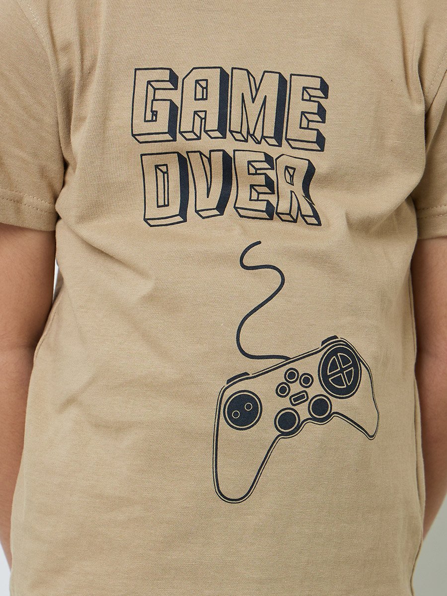 Boys Beige Gaming Graphic T-Shirt and Shorts Set