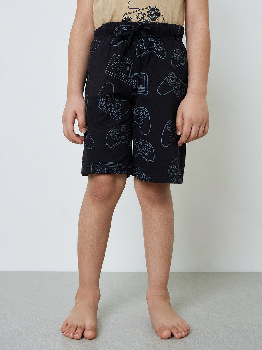 Boys Beige Gaming Graphic T-Shirt and Shorts Set