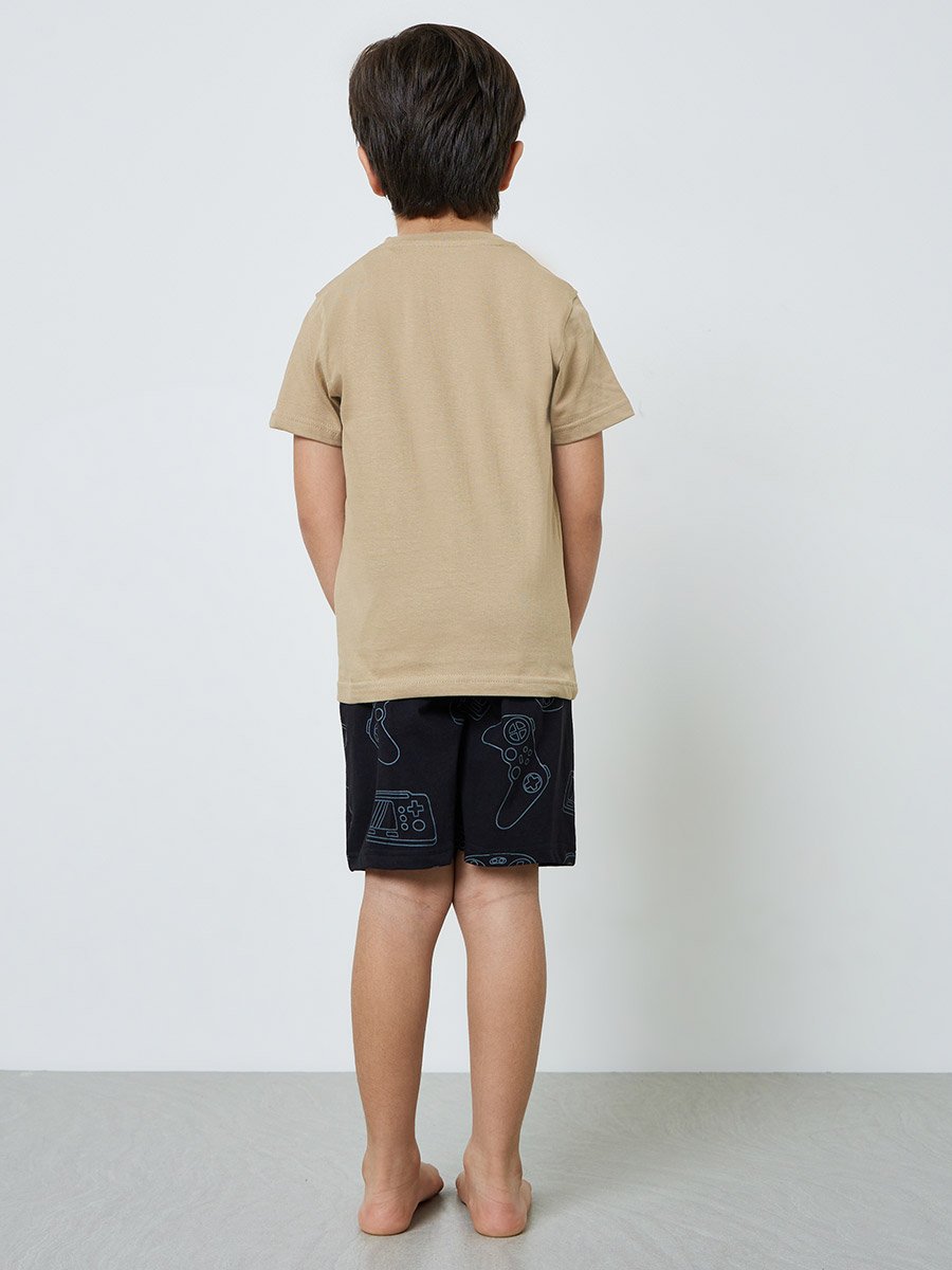 Boys Beige Gaming Graphic T-Shirt and Shorts Set