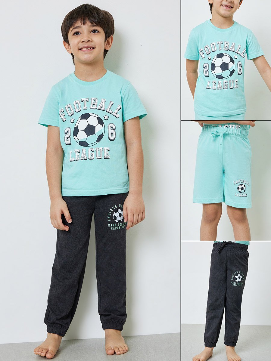 Boys Pack of 3 - Graphic Print Cotton T-Shirt, Shorts and Pyjama Set