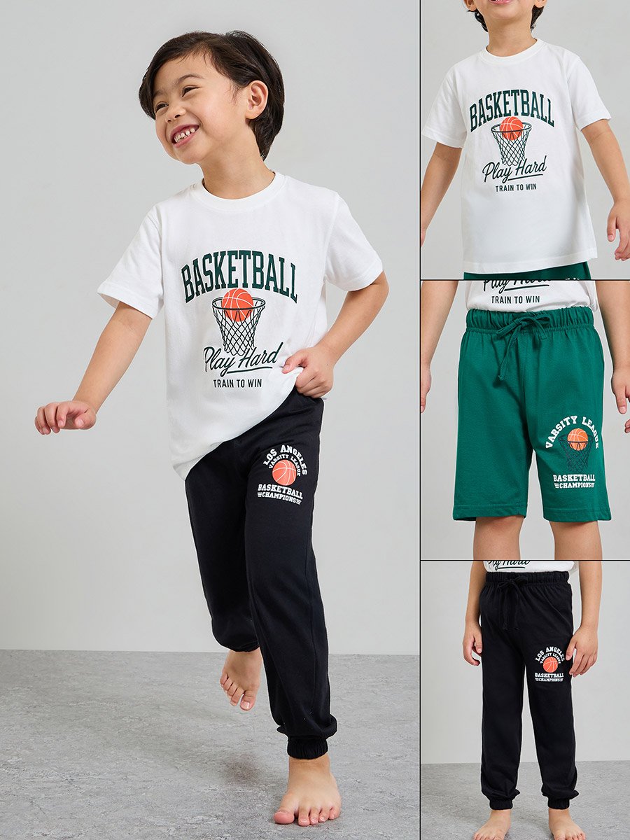 Boys Pack of 3 - Graphic Print Cotton T-Shirt, Shorts and Pyjama Set