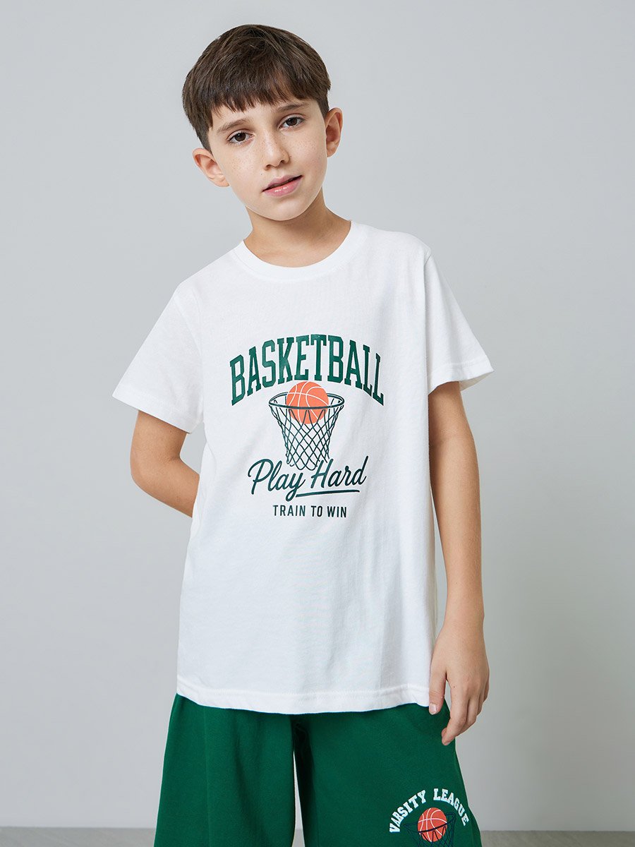 Boys White Graphic Print T-Shirt and Green Pocket Details Shorts Pyjama Set 