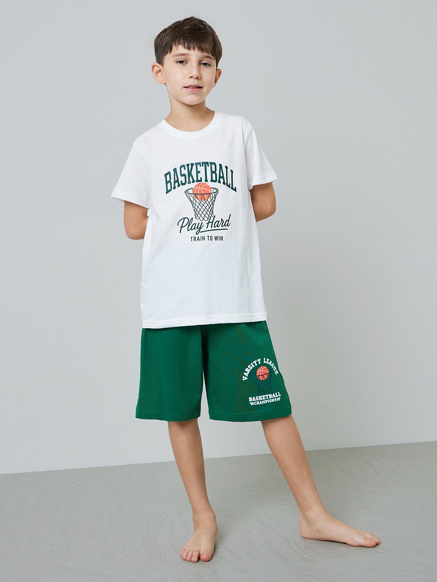 Boys White Graphic Print T-Shirt and Green Pocket Details Shorts Pyjama Set 