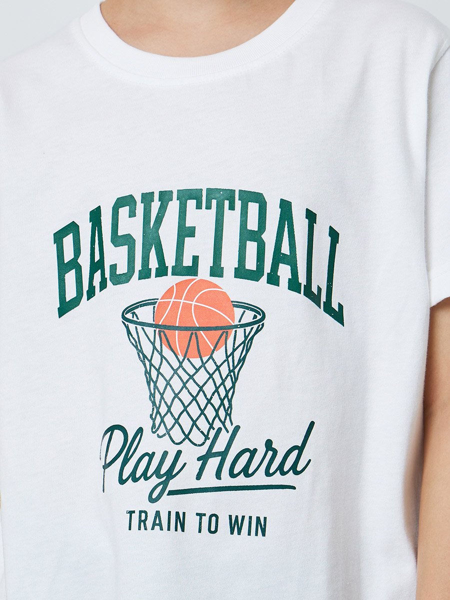 Boys White Graphic Print T-Shirt and Green Pocket Details Shorts Pyjama Set 