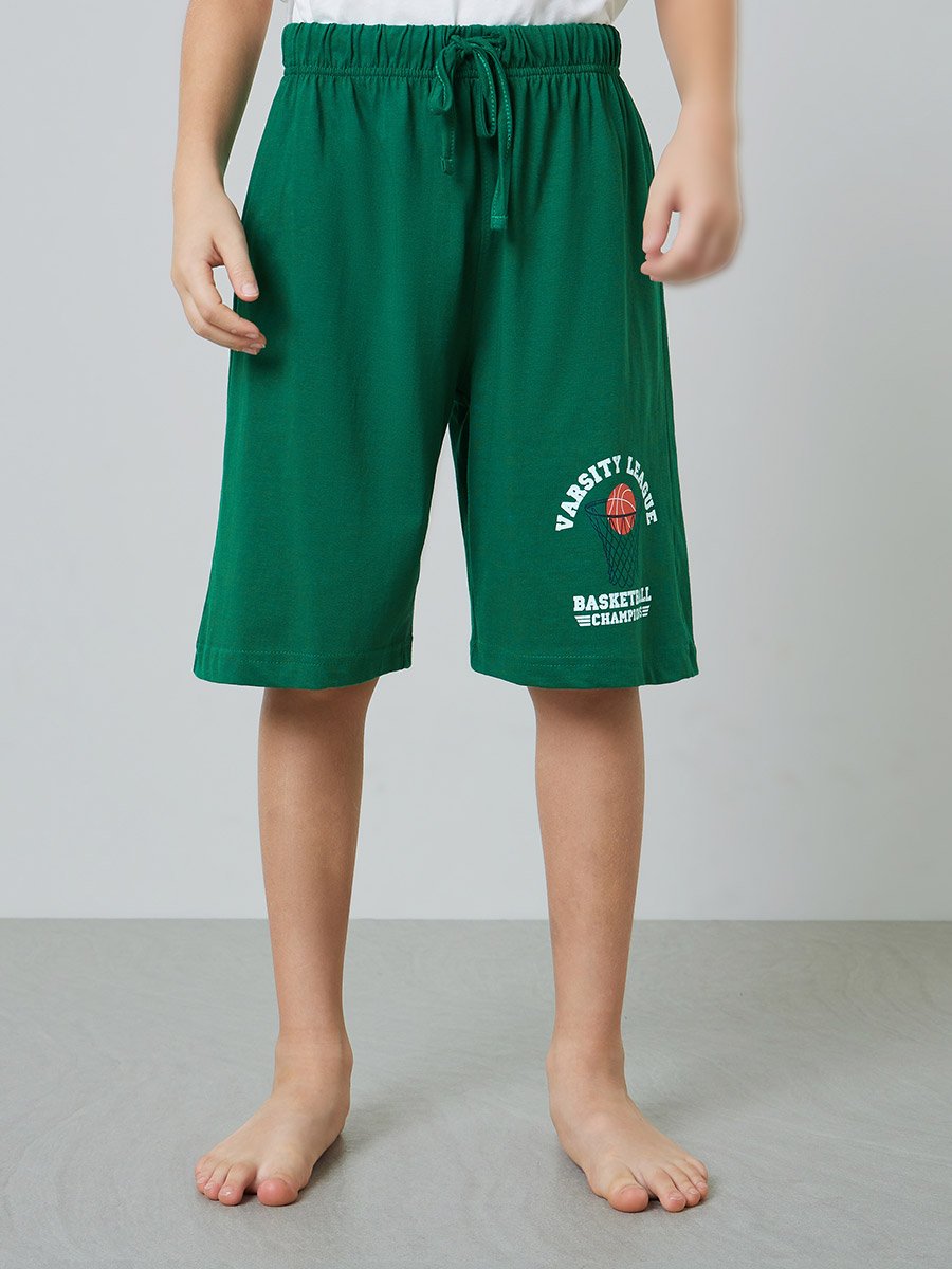 Boys White Graphic Print T-Shirt and Green Pocket Details Shorts Pyjama Set 