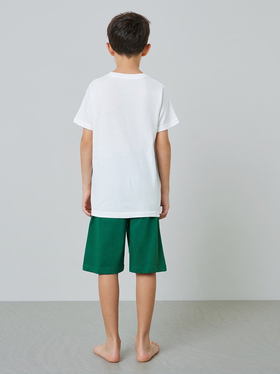 Boys White Graphic Print T-Shirt and Green Pocket Details Shorts Pyjama Set 