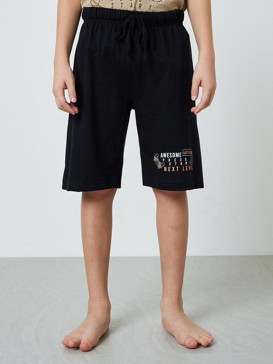 Boys Beige Graphic print T-Shirt and Black Pocket Details Shorts Pyjama Set
