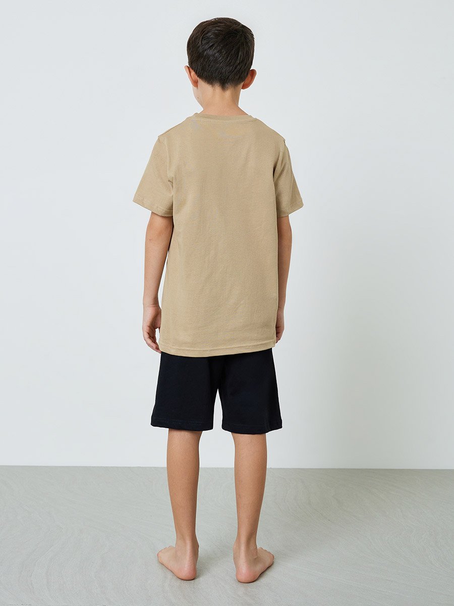 Boys Beige Graphic print T-Shirt and Black Pocket Details Shorts Pyjama Set