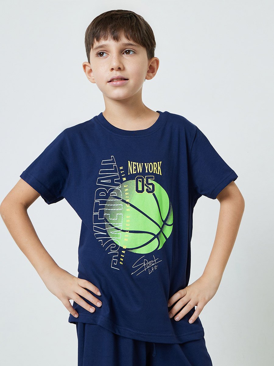 Boys Cotton Basketball Print T-Shirt and Shorts Set