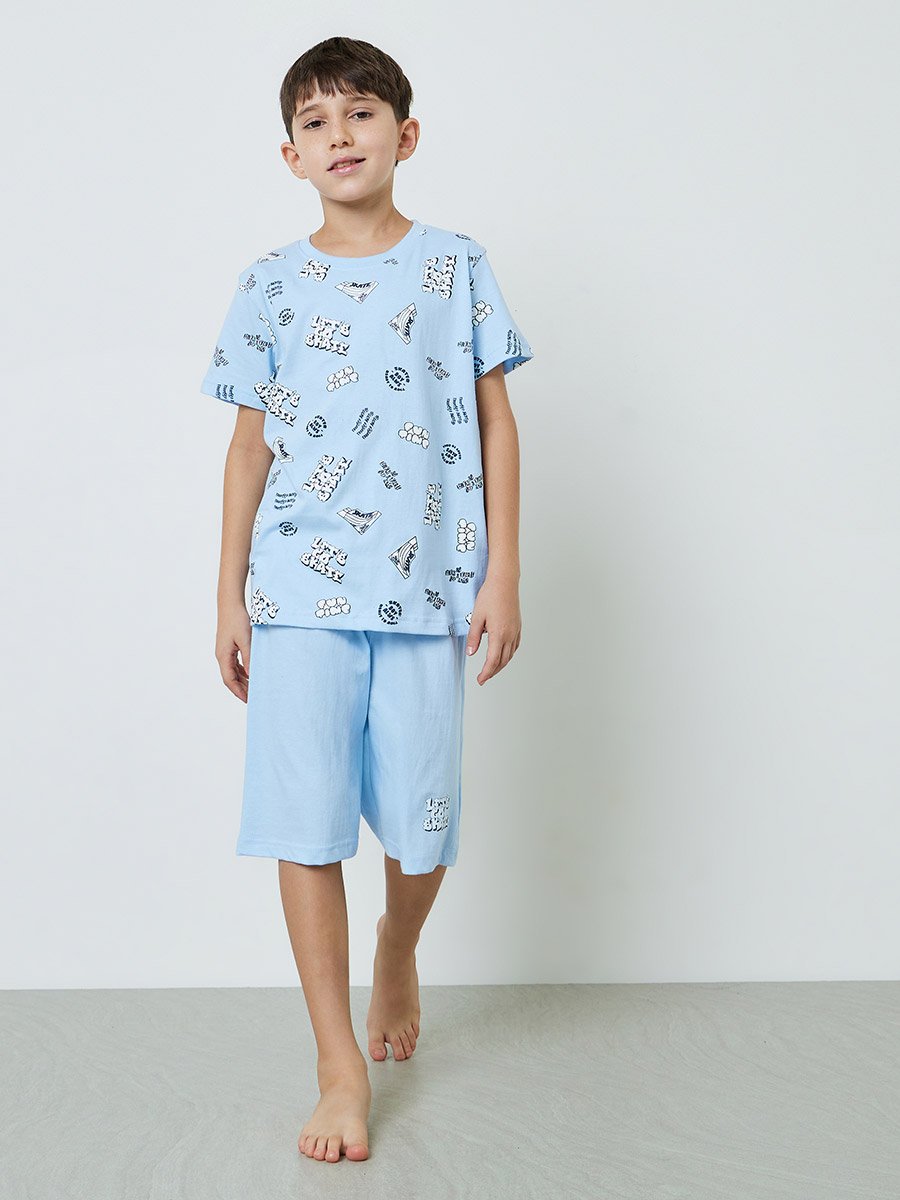 Teen Boys Blue Graphic Print T-Shirt and Side Pockets Shorts Pyjama Set 