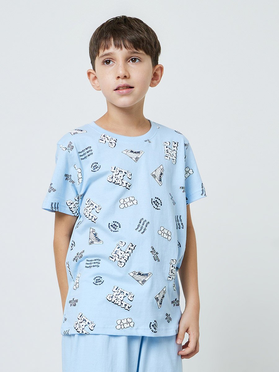 Teen Boys Blue Graphic Print T-Shirt and Side Pockets Shorts Pyjama Set 