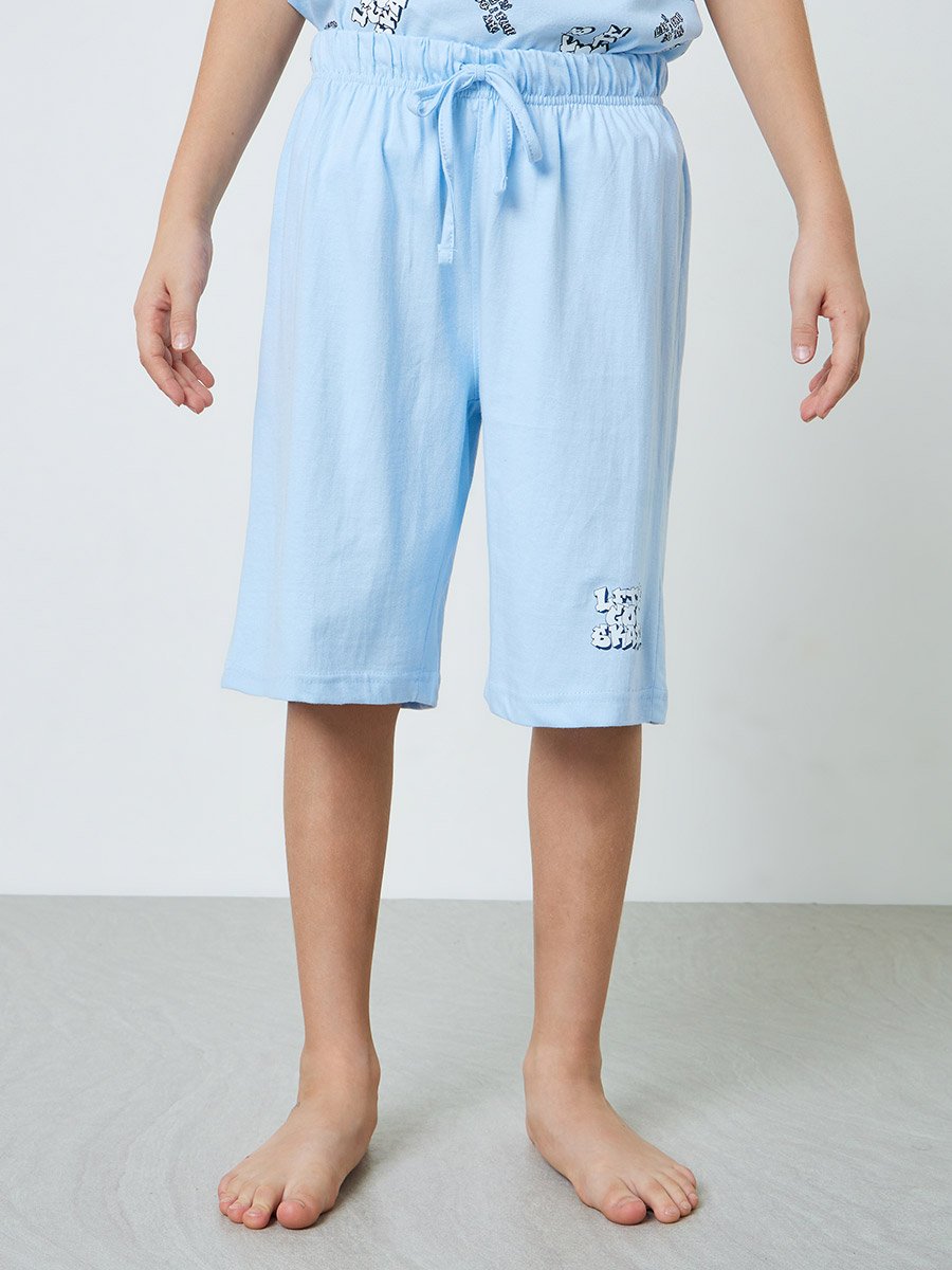 Teen Boys Blue Graphic Print T-Shirt and Side Pockets Shorts Pyjama Set 