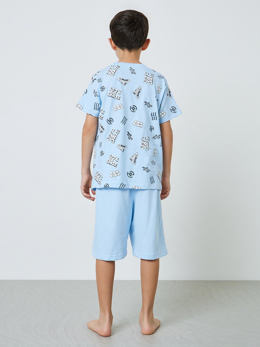 Teen Boys Blue Graphic Print T-Shirt and Side Pockets Shorts Pyjama Set 