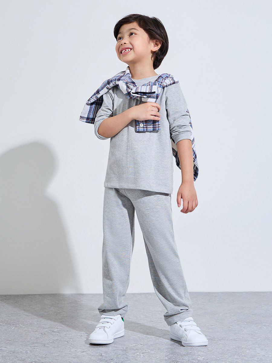 Kids Grey Cotton Long-Sleeve T-Shirt and Joggers Set-Unisex