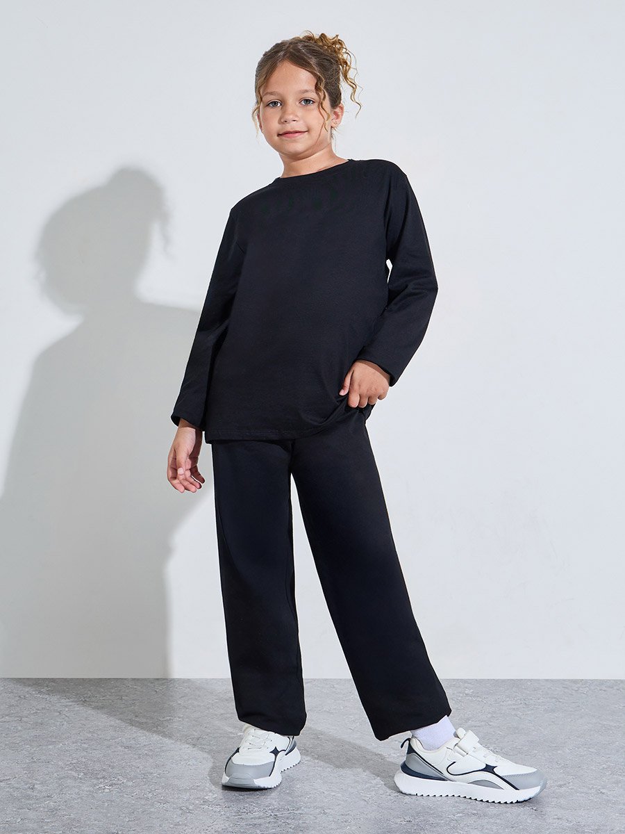 Black Cotton Long Sleeve T-Shirt and Joggers Set