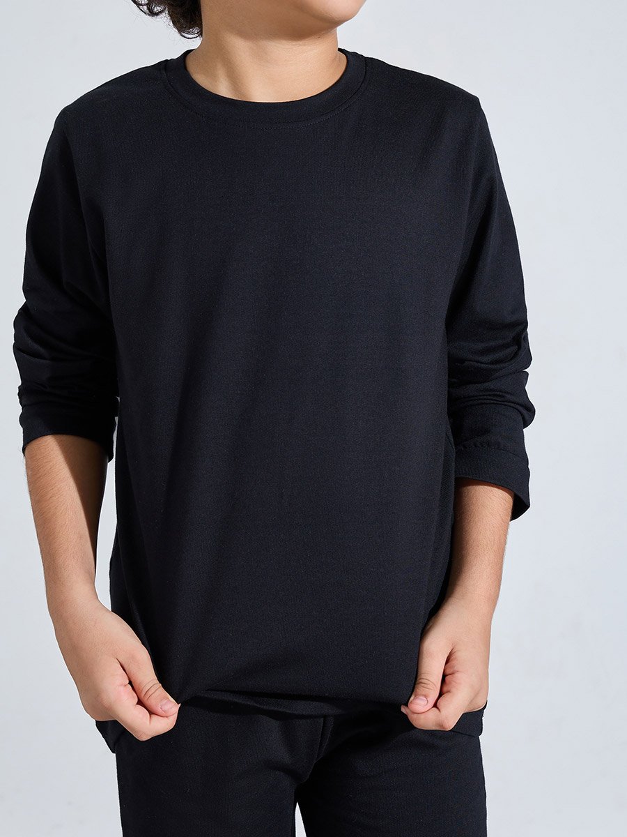 Black Cotton Long Sleeve T-Shirt and Joggers Set