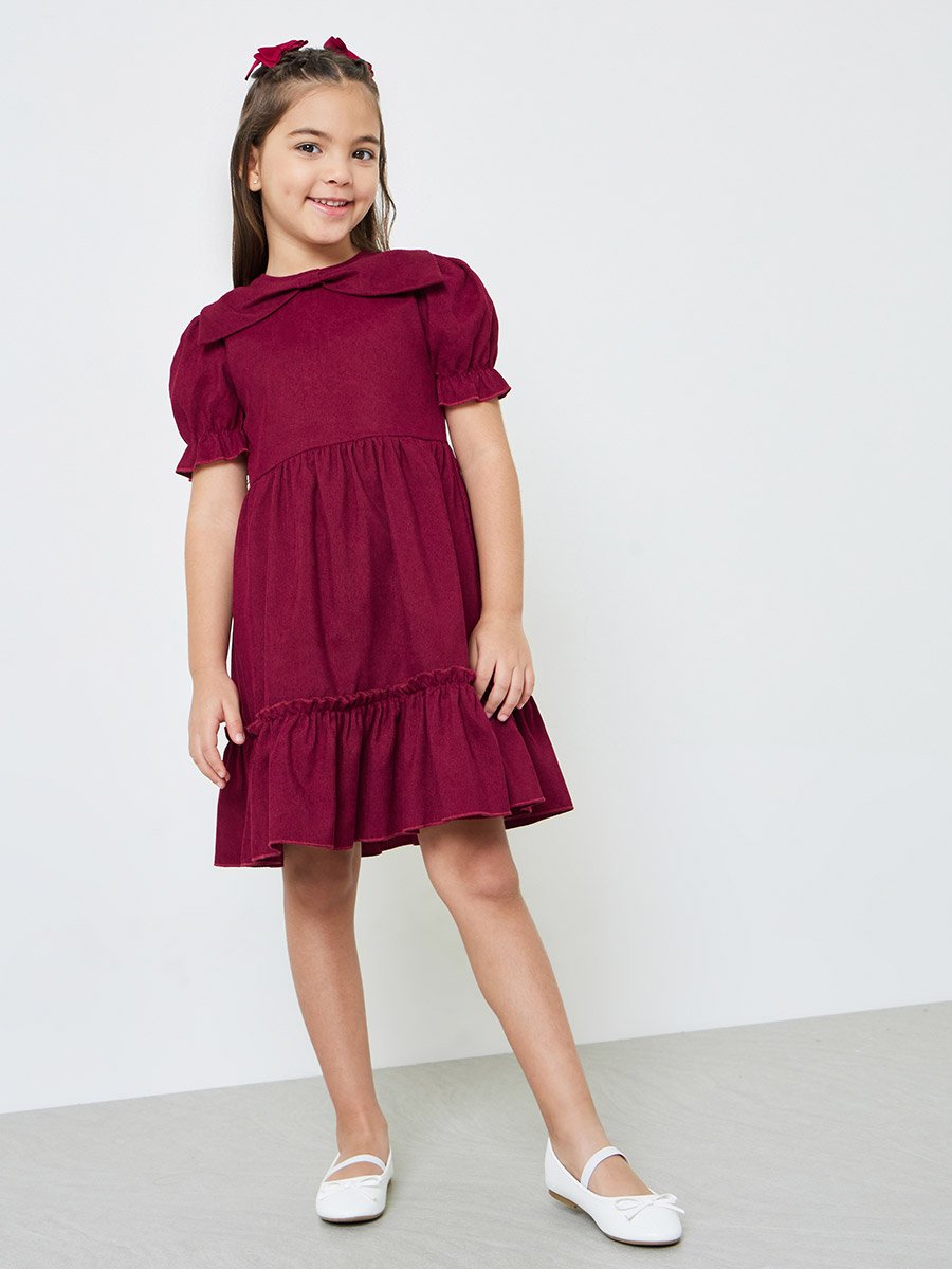 Girls Solid Puff Sleeves Dress with Bow Detail