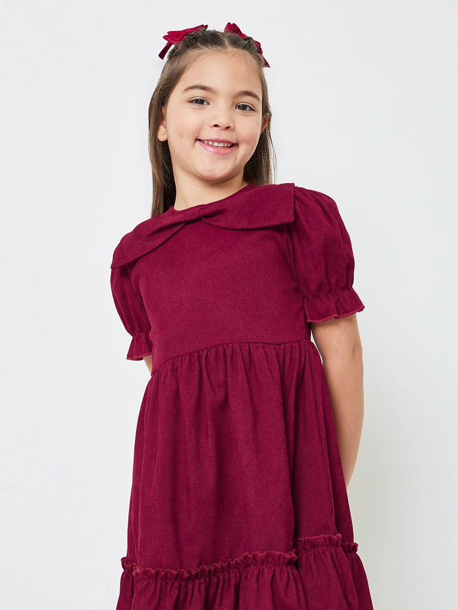 Girls Solid Puff Sleeves Dress with Bow Detail