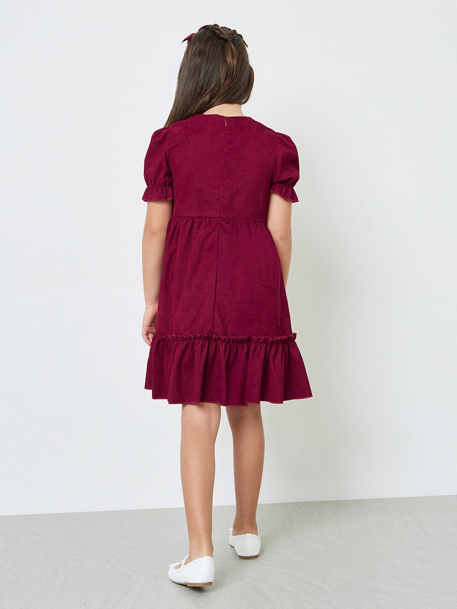 Girls Solid Puff Sleeves Dress with Bow Detail