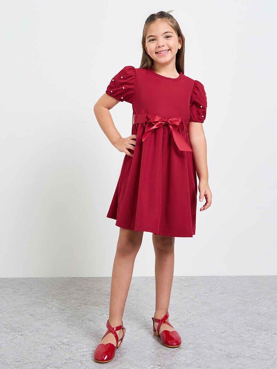 Girls Puff Sleeve Dress with Bow-Tie Waist