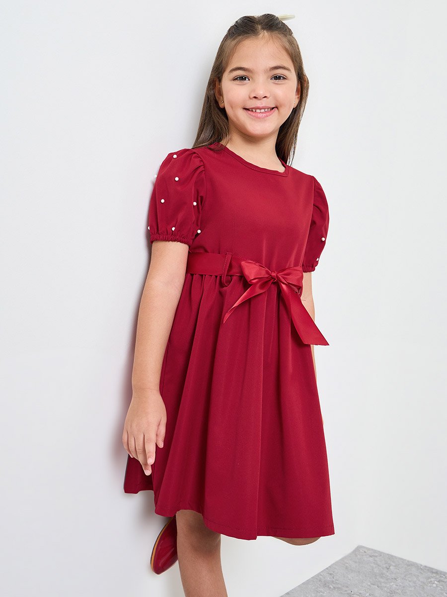 Girls Puff Sleeve Dress with Bow-Tie Waist