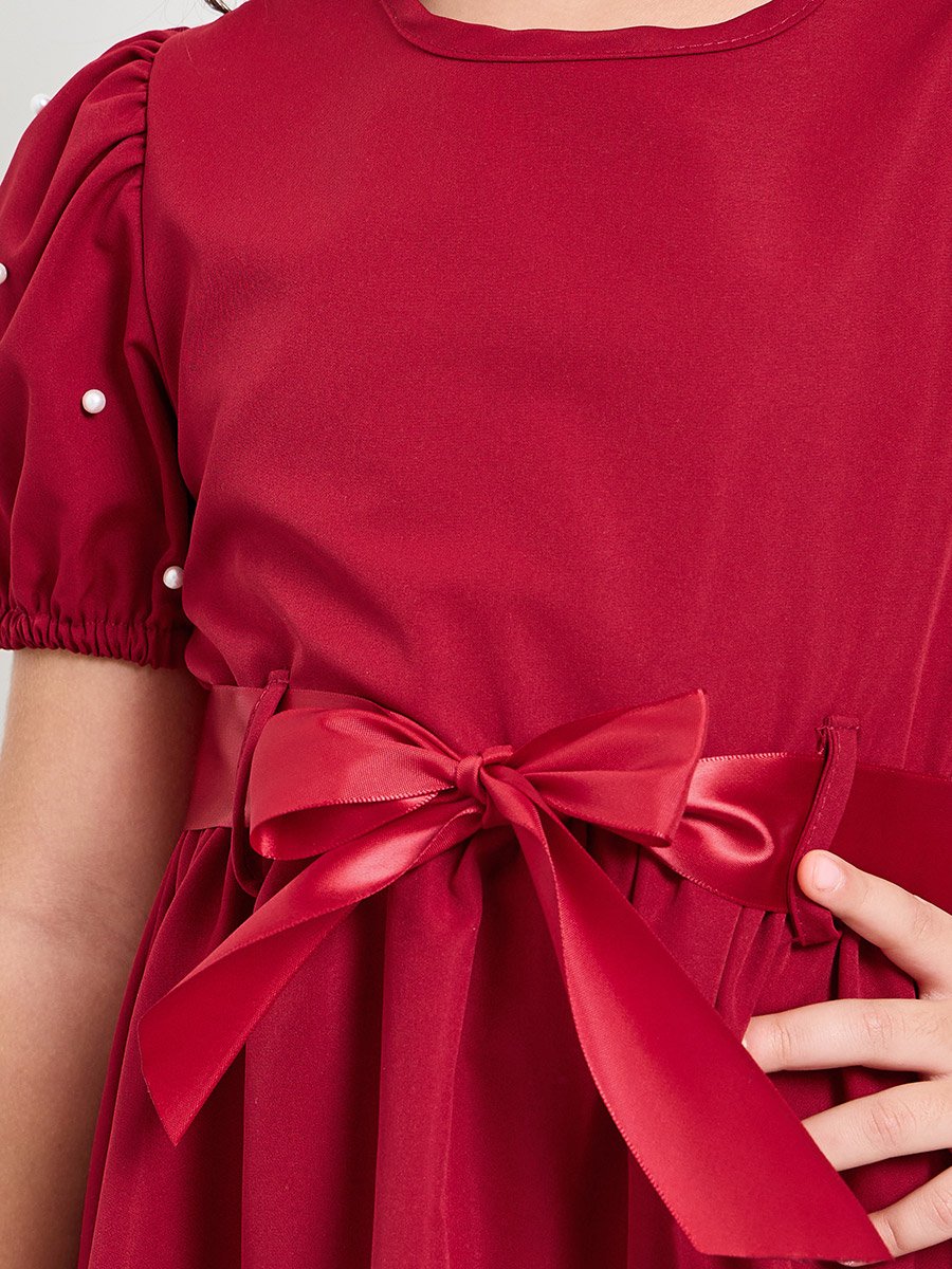 Girls Puff Sleeve Dress with Bow-Tie Waist